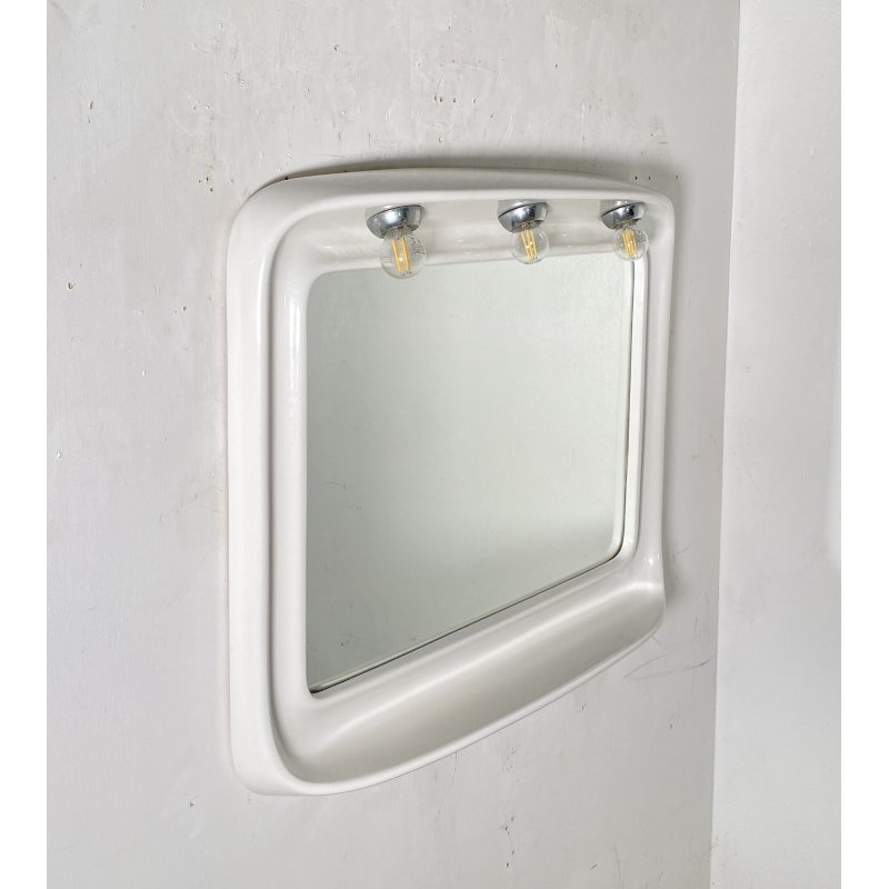 SPECCHIO DESIGN PARETE BAGNO CERAMICA BIANCA 3 LUCI VETRO ANNI 70 MIRROR SPECCHI