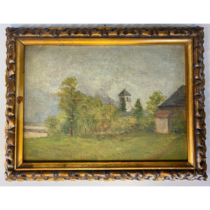 QUADRO DIPINTO OLIO PAESAGGIO CAMPANILE Collegiata GIORNO PIOVOSO DOMODOSSOLA