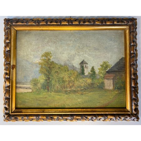 QUADRO DIPINTO OLIO PAESAGGIO CAMPANILE Collegiata GIORNO PIOVOSO DOMODOSSOLA