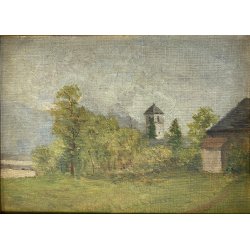 QUADRO DIPINTO OLIO PAESAGGIO CAMPANILE Collegiata GIORNO PIOVOSO DOMODOSSOLA