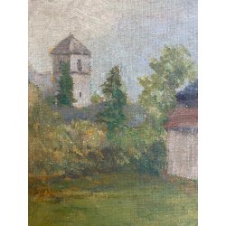 QUADRO DIPINTO OLIO PAESAGGIO CAMPANILE Collegiata GIORNO PIOVOSO DOMODOSSOLA