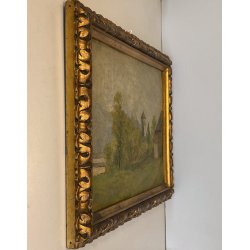 QUADRO DIPINTO OLIO PAESAGGIO CAMPANILE Collegiata GIORNO PIOVOSO DOMODOSSOLA