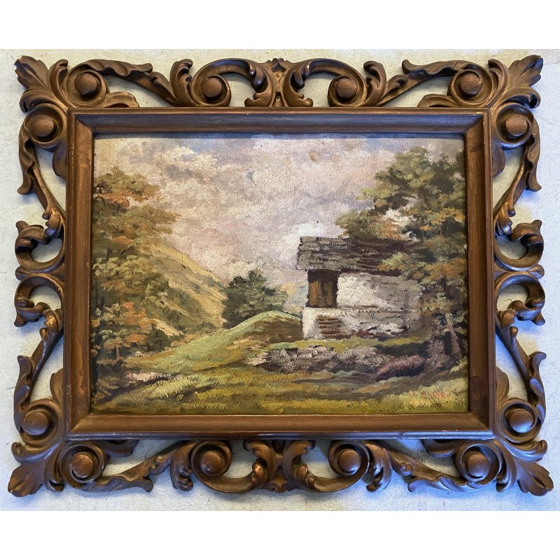 ANTICO QUADRO OLIO Omero Solaro PAESAGGIO MONTANO BAITA CORNICE SCOLPITA VOLUTE