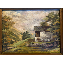 ANTICO QUADRO OLIO Omero Solaro PAESAGGIO MONTANO BAITA CORNICE SCOLPITA VOLUTE