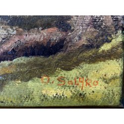ANTICO QUADRO OLIO Omero Solaro PAESAGGIO MONTANO BAITA CORNICE SCOLPITA VOLUTE