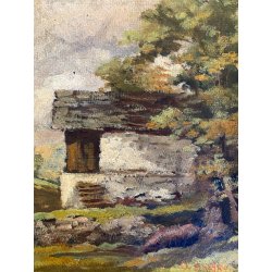 ANTICO QUADRO OLIO Omero Solaro PAESAGGIO MONTANO BAITA CORNICE SCOLPITA VOLUTE