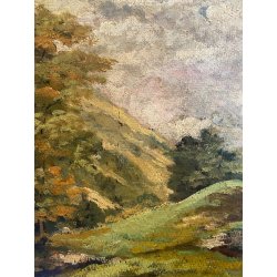 ANTICO QUADRO OLIO Omero Solaro PAESAGGIO MONTANO BAITA CORNICE SCOLPITA VOLUTE