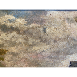 ANTICO QUADRO OLIO Omero Solaro PAESAGGIO MONTANO BAITA CORNICE SCOLPITA VOLUTE