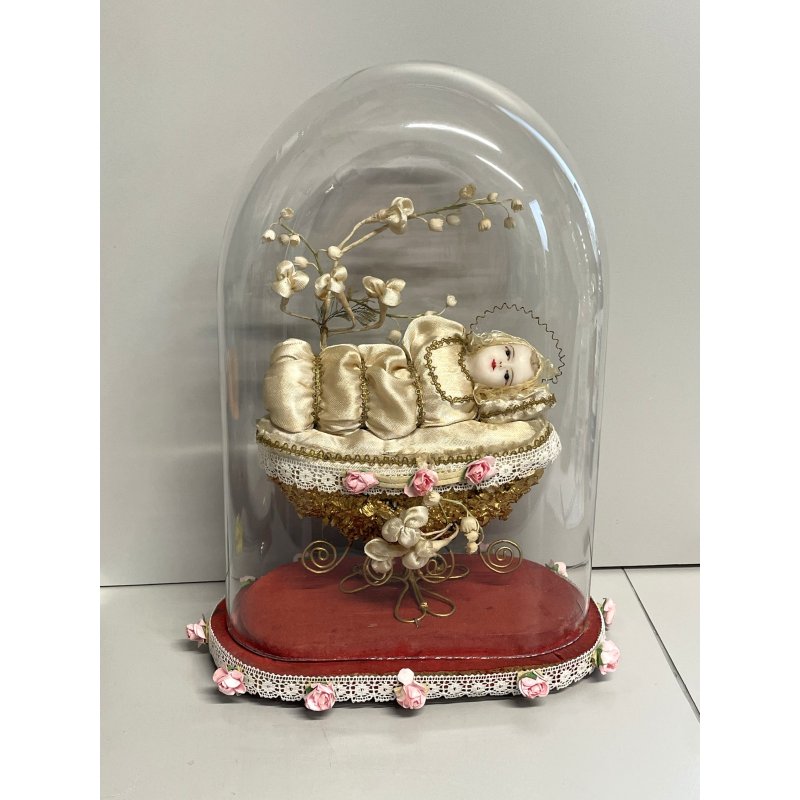 ANTICA MARIA BAMBINA in CULLA Simulacro teca CAMPANA di VETRO h 31 cm epoca '800