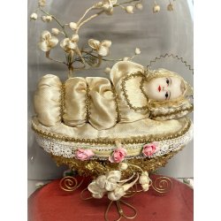 ANTICA MARIA BAMBINA in CULLA Simulacro teca CAMPANA di VETRO h 31 cm epoca '800