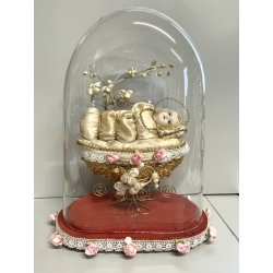 ANTICA MARIA BAMBINA in CULLA Simulacro teca CAMPANA di VETRO h 31 cm epoca '800