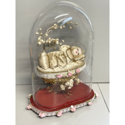ANTICA MARIA BAMBINA in CULLA Simulacro teca CAMPANA di VETRO h 31 cm epoca '800