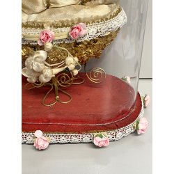 ANTICA MARIA BAMBINA in CULLA Simulacro teca CAMPANA di VETRO h 31 cm epoca '800