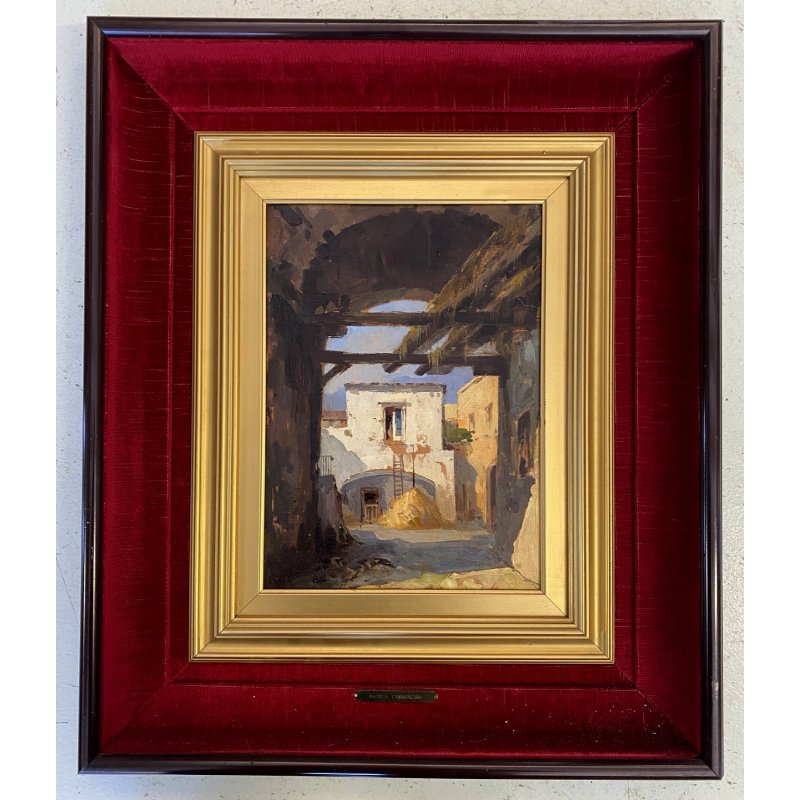 DIPINTO OLIO TAVOLA M. Cammarano SCORCIO ARCHITETTONICO PAESAGGIO RURALE 1912