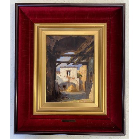 DIPINTO OLIO TAVOLA M. Cammarano SCORCIO ARCHITETTONICO PAESAGGIO RURALE 1912
