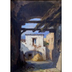 DIPINTO OLIO TAVOLA M. Cammarano SCORCIO ARCHITETTONICO PAESAGGIO RURALE 1912