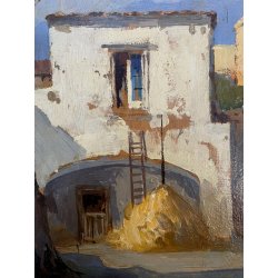 DIPINTO OLIO TAVOLA M. Cammarano SCORCIO ARCHITETTONICO PAESAGGIO RURALE 1912