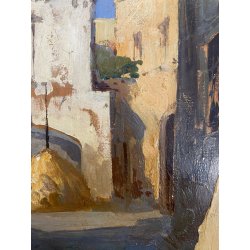 DIPINTO OLIO TAVOLA M. Cammarano SCORCIO ARCHITETTONICO PAESAGGIO RURALE 1912