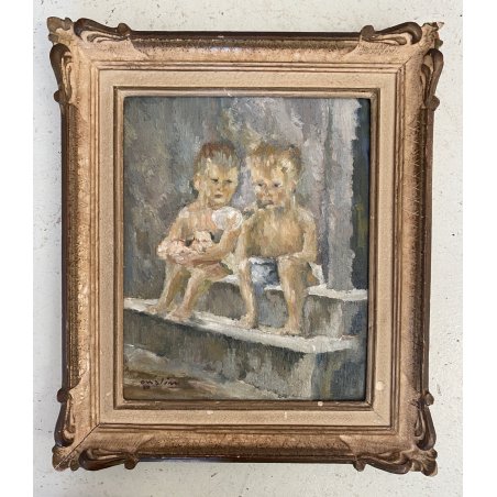 ANTICO DIPINTO OLIO "onaliM" Renato Milano BOLLE SAPONE RITRATTO BIMBI SEDUTI 50