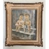 ANTICO DIPINTO OLIO "onaliM" Renato Milano BOLLE SAPONE RITRATTO BIMBI SEDUTI 50