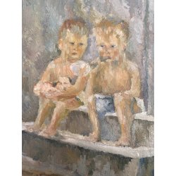 ANTICO DIPINTO OLIO "onaliM" Renato Milano BOLLE SAPONE RITRATTO BIMBI SEDUTI 50