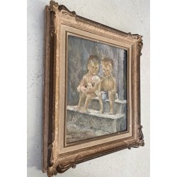 ANTICO DIPINTO OLIO "onaliM" Renato Milano BOLLE SAPONE RITRATTO BIMBI SEDUTI 50