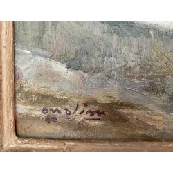 ANTICO DIPINTO OLIO "onaliM" Renato Milano BOLLE SAPONE RITRATTO BIMBI SEDUTI 50