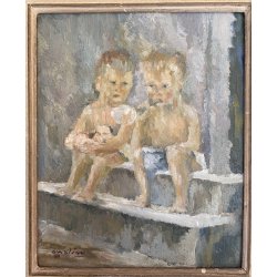 ANTICO DIPINTO OLIO "onaliM" Renato Milano BOLLE SAPONE RITRATTO BIMBI SEDUTI 50