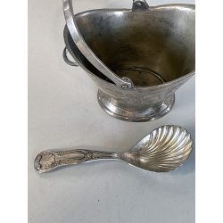 antica ZUCCHERIERA METALLO ARGENTATO a SECCHIELLO vittoriana con CUCCHIAINO