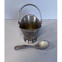 antica ZUCCHERIERA METALLO ARGENTATO a SECCHIELLO vittoriana con CUCCHIAINO