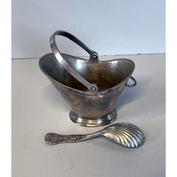 antica ZUCCHERIERA METALLO ARGENTATO a SECCHIELLO vittoriana con CUCCHIAINO