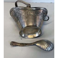 antica ZUCCHERIERA METALLO ARGENTATO a SECCHIELLO vittoriana con CUCCHIAINO