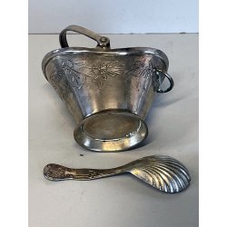 antica ZUCCHERIERA METALLO ARGENTATO a SECCHIELLO vittoriana con CUCCHIAINO