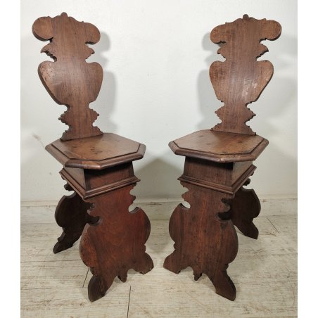 ANTICA COPPIA SEDIA SGABELLI Rinascimento EPOCA 800 Old Chair LEGNO NOCE TRONO