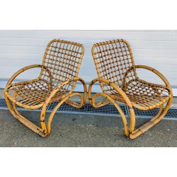 SET GIARDINO RATTAN 4 POLTRONE + 1 TAVOLINO Design Anni 60 VIMINI BAMBU sedie