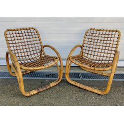 SET GIARDINO RATTAN 4 POLTRONE + 1 TAVOLINO Design Anni 60 VIMINI BAMBU sedie