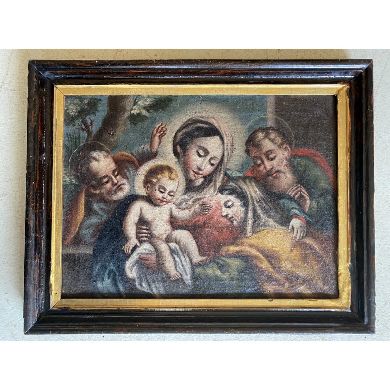 ANTICO DIPINTO OLIO RELIGIOSO SACRA FAMIGLIA MARIA Gesù SAN GIOVANNI SANT' ANNA