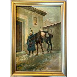 ANTICO DIPINTO OLIO SCENA MILITARE SOLDATO GENDARME UNIFORME CAVALLO INVERNO 900