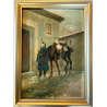 ANTICO DIPINTO OLIO SCENA MILITARE SOLDATO GENDARME UNIFORME CAVALLO INVERNO 900