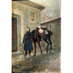 ANTICO DIPINTO OLIO SCENA MILITARE SOLDATO GENDARME UNIFORME CAVALLO INVERNO 900