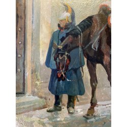ANTICO DIPINTO OLIO SCENA MILITARE SOLDATO GENDARME UNIFORME CAVALLO INVERNO 900
