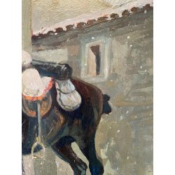 ANTICO DIPINTO OLIO SCENA MILITARE SOLDATO GENDARME UNIFORME CAVALLO INVERNO 900
