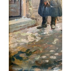 ANTICO DIPINTO OLIO SCENA MILITARE SOLDATO GENDARME UNIFORME CAVALLO INVERNO 900