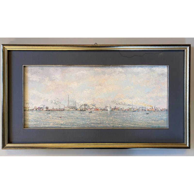 QUADRO DIPINTO OLIO N 1467 Eraldo Coda PAESAGGIO MARINA AMBURGO "Nel porto" 1955