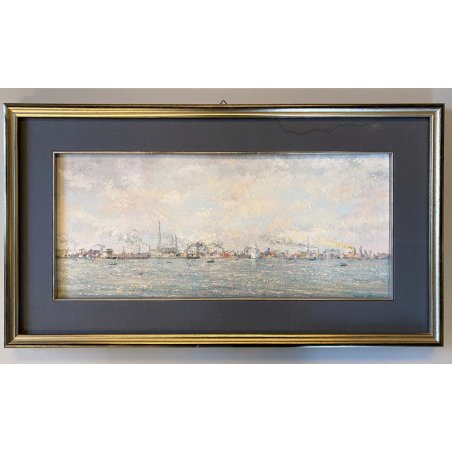 QUADRO DIPINTO OLIO N 1467 Eraldo Coda PAESAGGIO MARINA AMBURGO "Nel porto" 1955