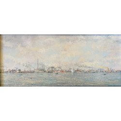 QUADRO DIPINTO OLIO N 1467 Eraldo Coda PAESAGGIO MARINA AMBURGO "Nel porto" 1955