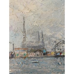 QUADRO DIPINTO OLIO N 1467 Eraldo Coda PAESAGGIO MARINA AMBURGO "Nel porto" 1955