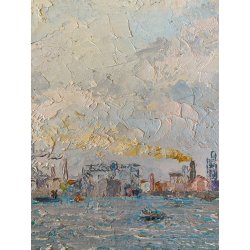QUADRO DIPINTO OLIO N 1467 Eraldo Coda PAESAGGIO MARINA AMBURGO "Nel porto" 1955