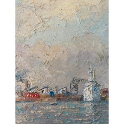 QUADRO DIPINTO OLIO N 1467 Eraldo Coda PAESAGGIO MARINA AMBURGO "Nel porto" 1955