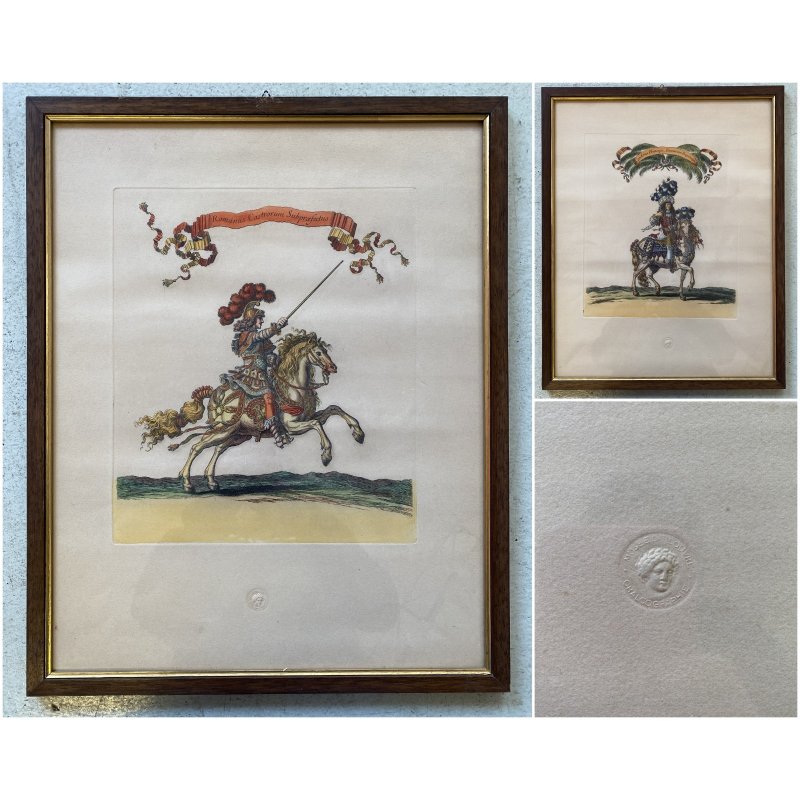 ANTICA COPPIA LITOGRAFIE FIGURE CAVALIERI A CAVALLO MUSEE LOUVRE CHALCOGRAPHE